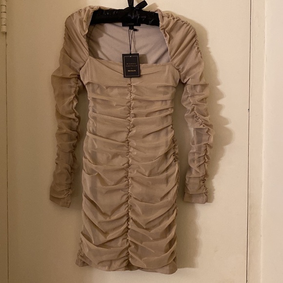 NWT Michael Costello x REVOLVE Franky Ruched Mesh Mini Dress Taupe Nude fits S/M - Picture 9 of 16